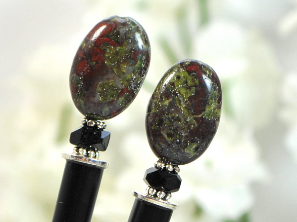 Dragons Blood Jasper Hair Sticks for Messy Bun, handmade by Purple Moon Designs