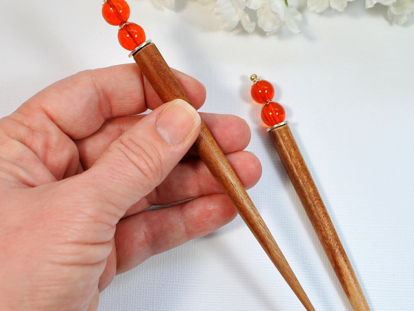 Pair of Minimalist Orange Hair Sticks, handmade by Purple Moon Designs