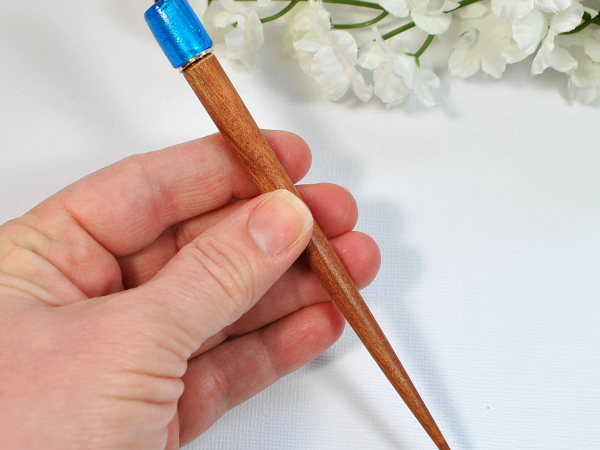 Short Blue Wooden Hair Stick, handmade by Purple Moon Designs