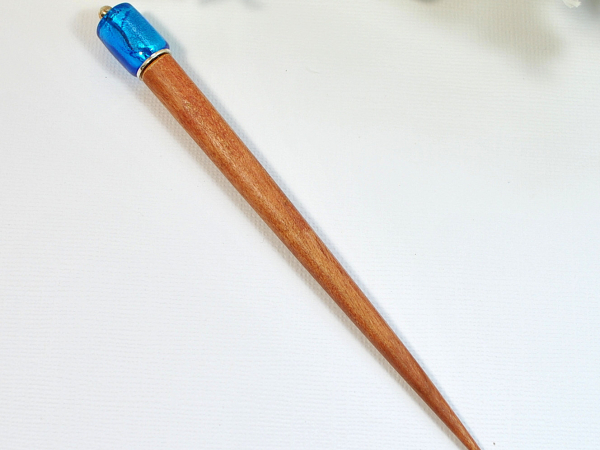 Short Blue Wooden Hair Stick, handmade by Purple Moon Designs