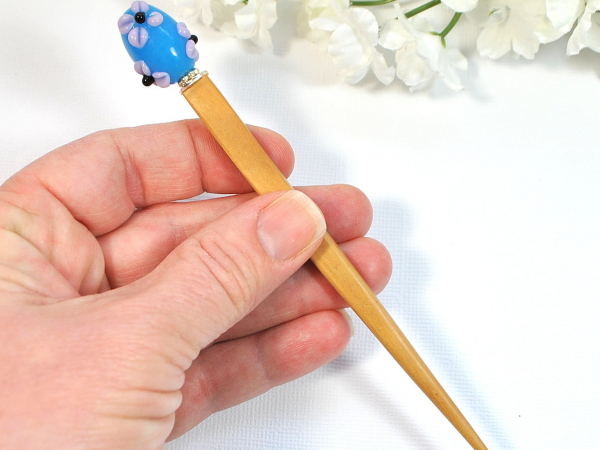 Blue Flower Hair Stick Bun Pin, handmade by Purple Moon Designs