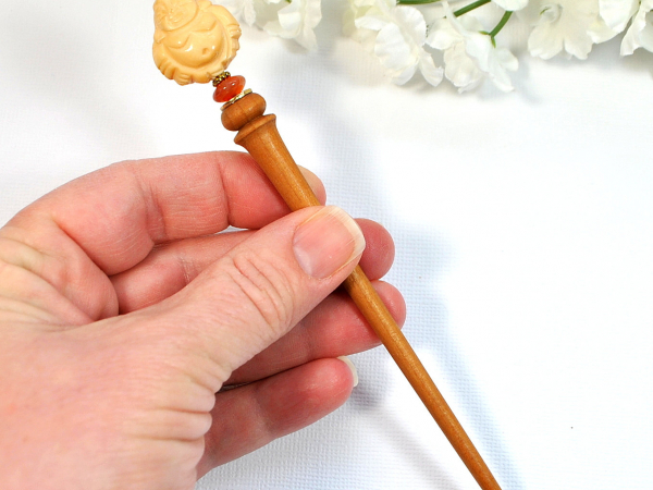 Buddha Hair Stick, Wooden Hairstick, handmade by Purple Moon Designs