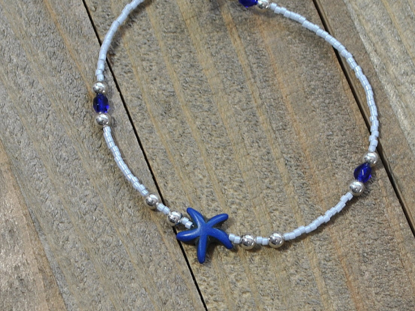 Blue Starfish Anklet, 9.5 inch, handmade by Purple Moon Designs