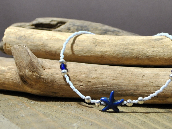 Blue Starfish Anklet, 9.5 inch, handmade by Purple Moon Designs