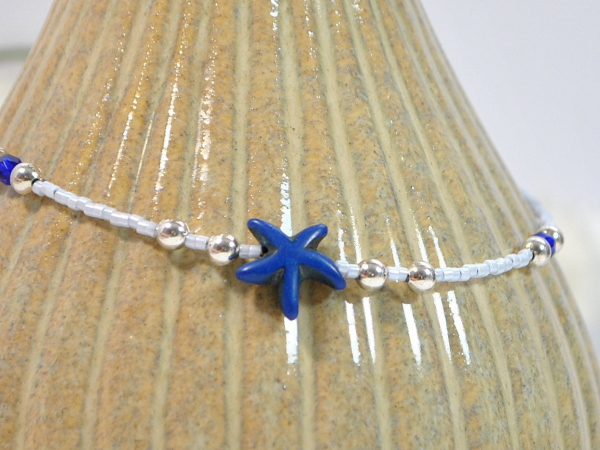 Blue Starfish Anklet, 9.5 inch, handmade by Purple Moon Designs