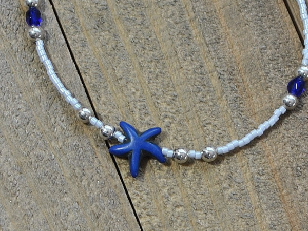 Blue Starfish Anklet, 9.5 inch, handmade by Purple Moon Designs