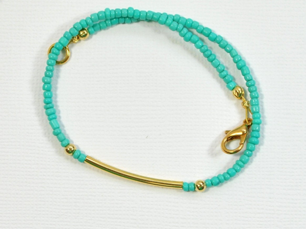 Turquoise Blue with Gold Bar Anklet, 9.5 inch, handmade by Purple Moon Designs