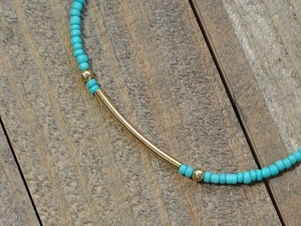 Turquoise Blue with Gold Bar Anklet, 9.5 inch, handmade by Purple Moon Designs