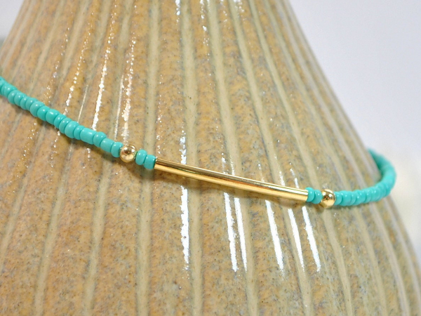 Turquoise Blue with Gold Bar Anklet, 9.5 inch, handmade by Purple Moon Designs