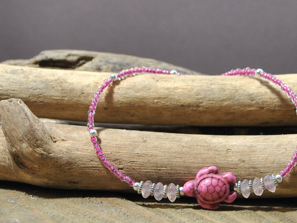 Pink Sea Turtle Anklet, 9.5 inch, handmade by Purple Moon Designs