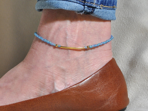 Light Blue with Gold Bar Anklet, handmade by Purple Moon Designs