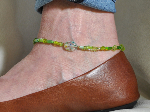 Green Boho Beach Bum Anklet, handmade by Purple Moon Designs