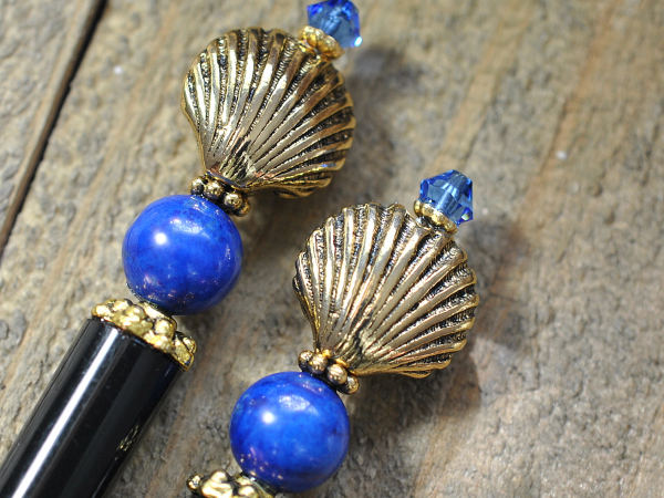 Blue and Gold Pair of Beach Hair Sticks, handmade by Purple Moon Designs