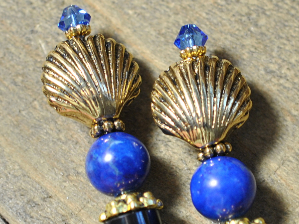Blue and Gold Pair of Beach Hair Sticks, handmade by Purple Moon Designs