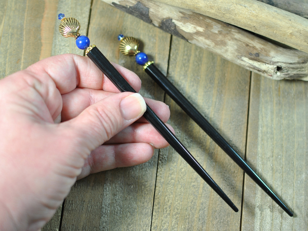 Blue and Gold Pair of Beach Hair Sticks, handmade by Purple Moon Designs