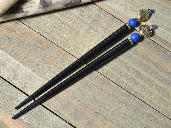 Blue and Gold Pair of Beach Hair Sticks, handmade by Purple Moon Designs