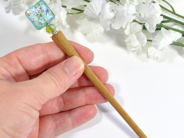 Blue and Green Handmade Hair Stick, handmade by Purple Moon Designs