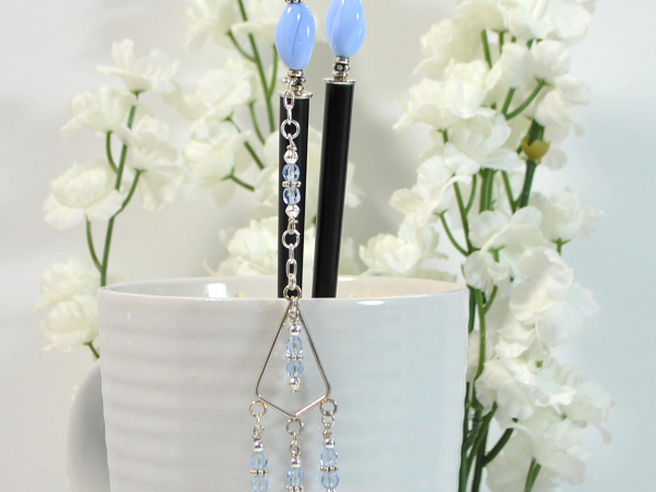 Blue Geisha Charm Hair Sticks, handmade by Purple Moon Designs