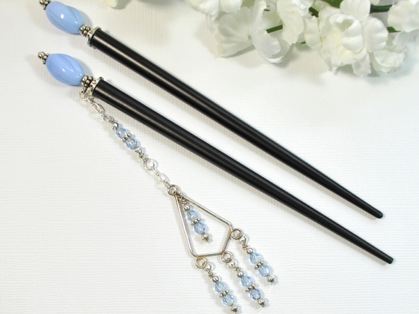 Blue Geisha Charm Hair Sticks, handmade by Purple Moon Designs