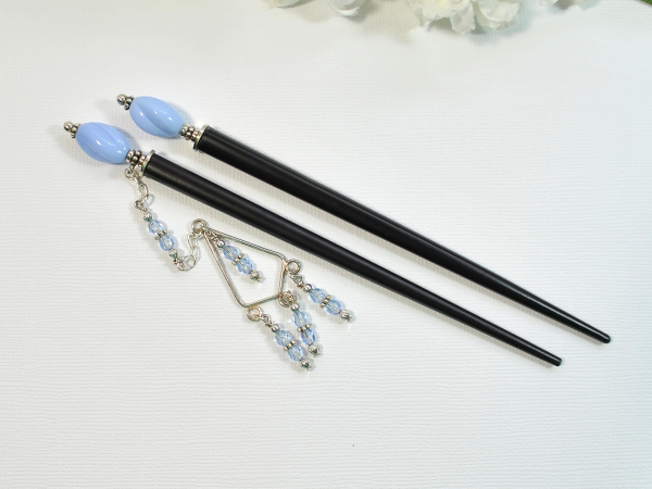 Blue Geisha Charm Hair Sticks, handmade by Purple Moon Designs