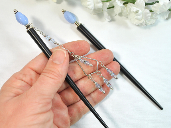 Blue Geisha Charm Hair Sticks, handmade by Purple Moon Designs