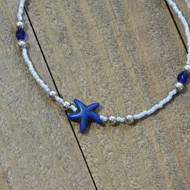 Blue Starfish Anklet, 9.5 inch, handmade by Purple Moon Designs