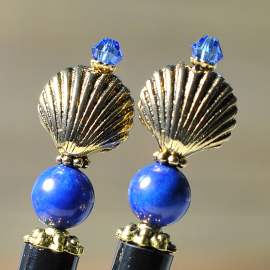 Blue and Gold Pair of Beach Hair Sticks, handmade by Purple Moon Designs