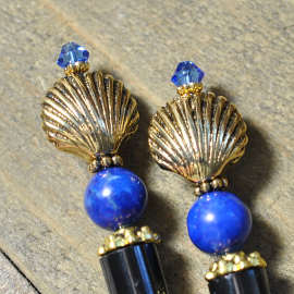 Blue and Gold Pair of Beach Hair Sticks, handmade by Purple Moon Designs