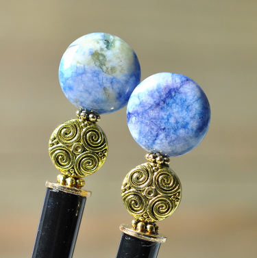 Blue and Gold Gemstone Hairsticks, Handmade by Purple Moon Designs