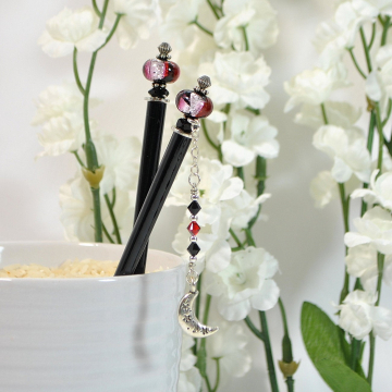Moon Charm Hair Stick, Pair of Japanese Bun Pins - "Starbreeze"