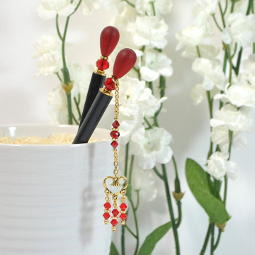 Pair of Red Geisha Hair Sticks, Pair of 5 inch Japanese Bun Pins - "Summer Love"