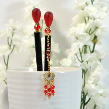 Pair of Red Geisha Hair Sticks, Pair of 5 inch Japanese Bun Pins - "Summer Love"
