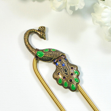 Peacock Hair Fork, Metal Hair Fork, Beaded Hair Pin, Peacock Jewelry, Hair Beads, Metal Hair Slide