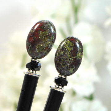 Dragons Blood Jasper Hair Sticks, Pair of 4.75 inch Chinese Hair Sticks for Messy Bun - "Sunfury"