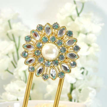 Gold and Crystal Hair Fork, Strong Brass Bun Holder