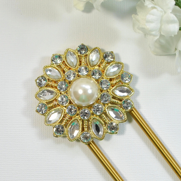 Gold and Crystal Hair Fork, Strong Brass Bun Holder