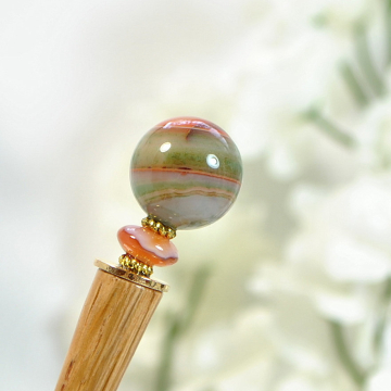 Green Orange Hair Stick, Gemstone Hairstick, Wood Hair Stick, Hair Chopstick, Handmade, Hair Pin, Bun Pin, One of a Kind - "Burning Bright"