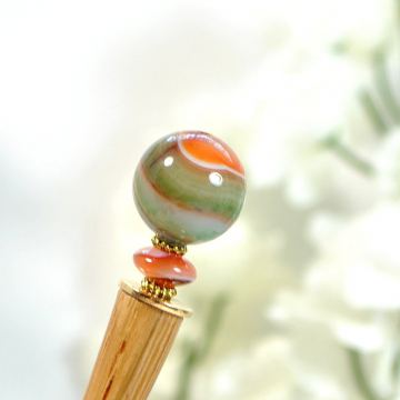 Green Orange Hair Stick, Gemstone Hairstick, Wood Hair Stick, Hair Chopstick, Handmade, Hair Pin, Bun Pin, One of a Kind - "Burning Bright"