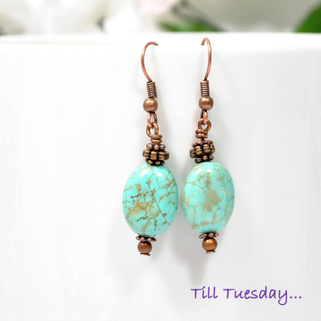 Blue Copper Dangle Earrings, Blue Earrings, Bohemian Earrings, Blue Copper Earrings, Boho Jewelry, Handmade Earrings, Leverback