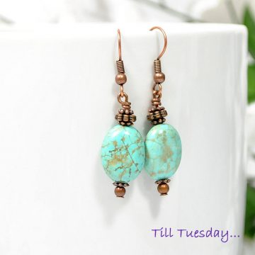 Blue Copper Dangle Earrings, Blue Earrings, Bohemian Earrings, Blue Copper Earrings, Boho Jewelry, Handmade Earrings, Leverback