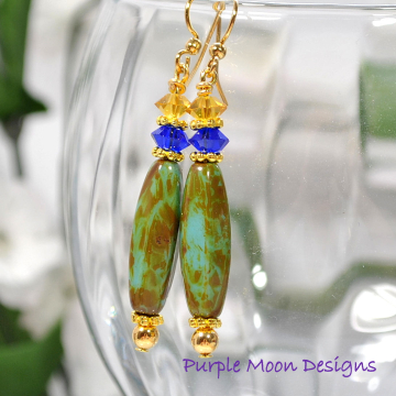 Dangle Earrings, Blue Gold Earrings, Drop Earrings, Handmade Jewelry, One of a Kind Earrings, Your Choice Lever Back Ear Hook or Gold Filled