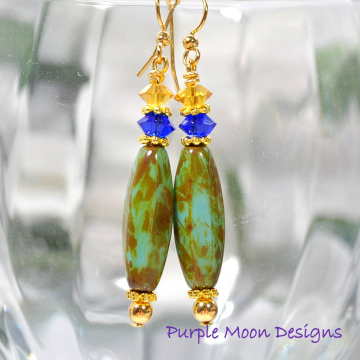 Dangle Earrings, Blue Gold Earrings, Drop Earrings, Handmade Jewelry, One of a Kind Earrings, Your Choice Lever Back Ear Hook or Gold Filled