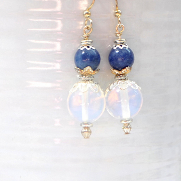 Moonstone Earrings, Blue Dangle Earrings, Agate Earrings, Handmade, Your Choice of Leverback Earwires or Sterling Silver