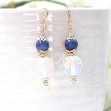 Moonstone Earrings, Blue Dangle Earrings, Agate Earrings, Handmade, Your Choice of Leverback Earwires or Sterling Silver