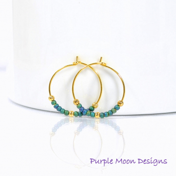 Hoop Earrings, Blue Gold Earrings, Small Hoop Earring, Beaded Earrings, Handmade Earrings, Peacock Blue