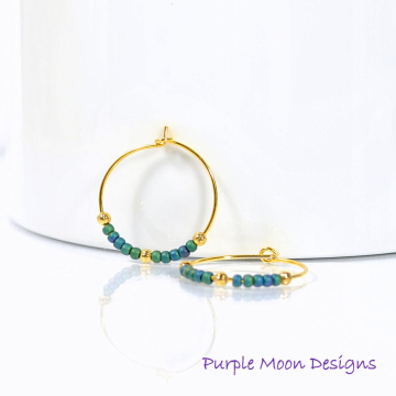 Hoop Earrings, Blue Gold Earrings, Small Hoop Earring, Beaded Earrings, Handmade Earrings, Peacock Blue