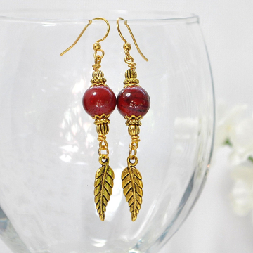 Feather Earring, Leaf Earrings, Dangle Earrings, Drop Earrings, Red, Gold, Handmade Jewelry, Your Choice of Leverback or Gold Filled Earring