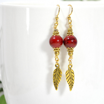 Feather Earring, Leaf Earrings, Dangle Earrings, Drop Earrings, Red, Gold, Handmade Jewelry, Your Choice of Leverback or Gold Filled Earring