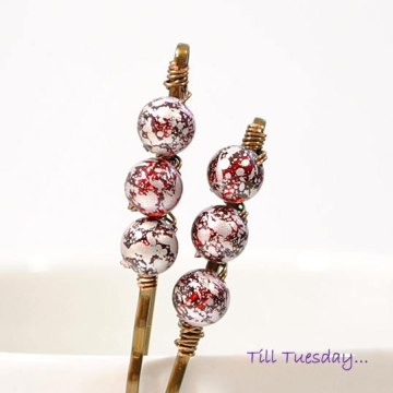 Beaded Bobby Pins, Pair of Red Bobbies, Beaded Bobbies, Hair Beads, Red Hair Pins, Handmade, Hair Pins for Sale, Small Hair Pin