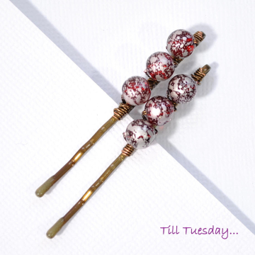 Beaded Bobby Pins, Pair of Red Bobbies, Beaded Bobbies, Hair Beads, Red Hair Pins, Handmade, Hair Pins for Sale, Small Hair Pin